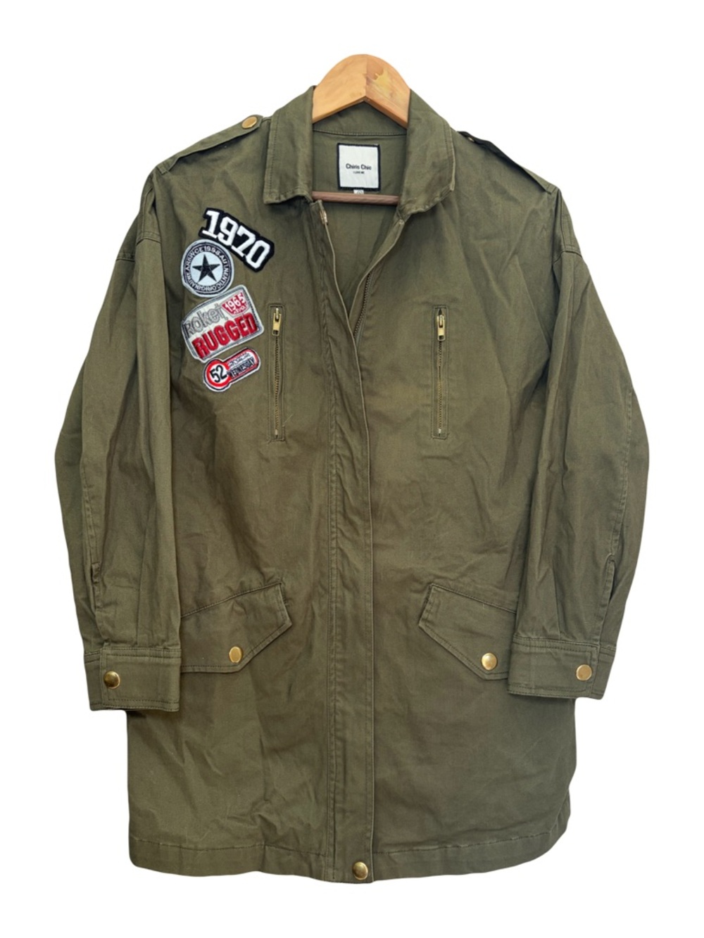 Chiris Chic Olive Utility Jacket Small Military Style Patch Zip Snap Coat Grunge